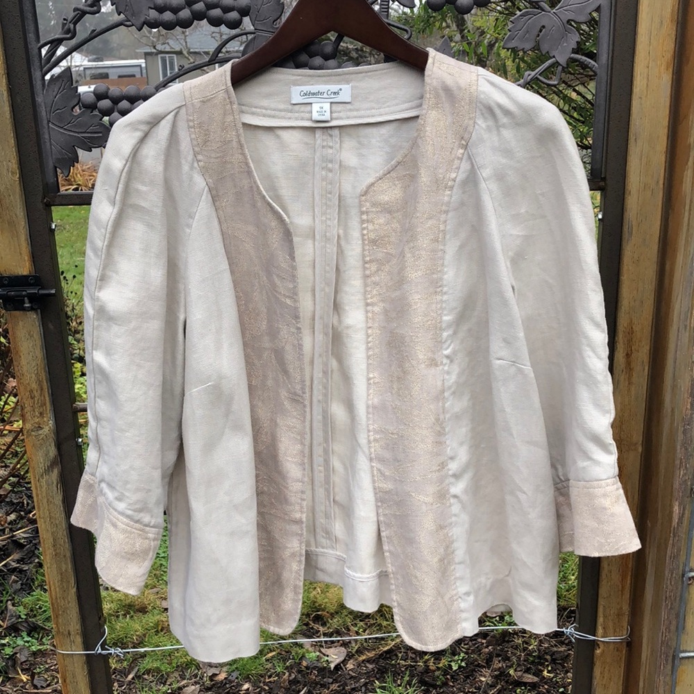 Coldwater Creek linen lightweight open front jacket with gold trim size …